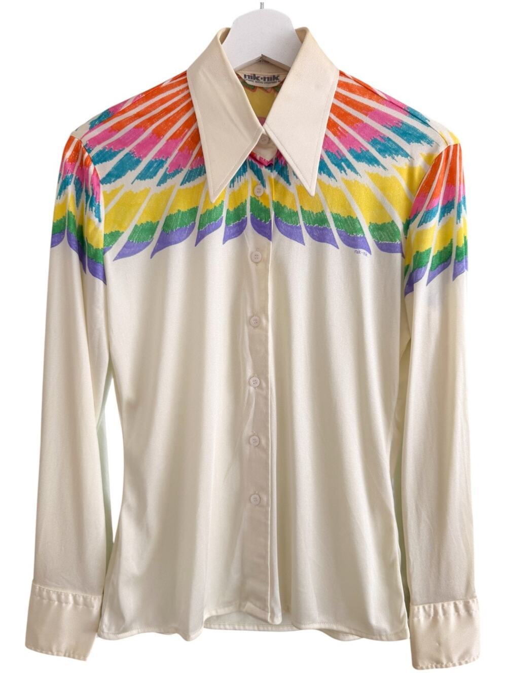 Vintage Nik Nik 70's Disco Shirt Sunburst Feather Print Nylon Italy 11/12 RARE